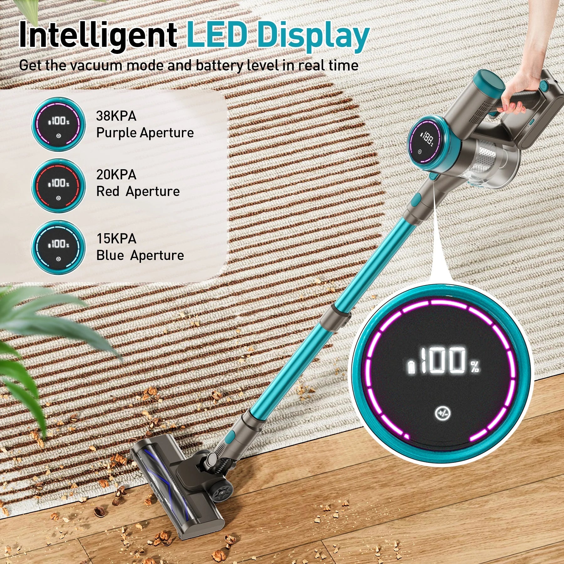 Cordless Vacuum Cleaner 38000PA/400W Stick Vacuum 50Min 2200Mah for Home Pet Hair Car Carpet Hardwood Floor