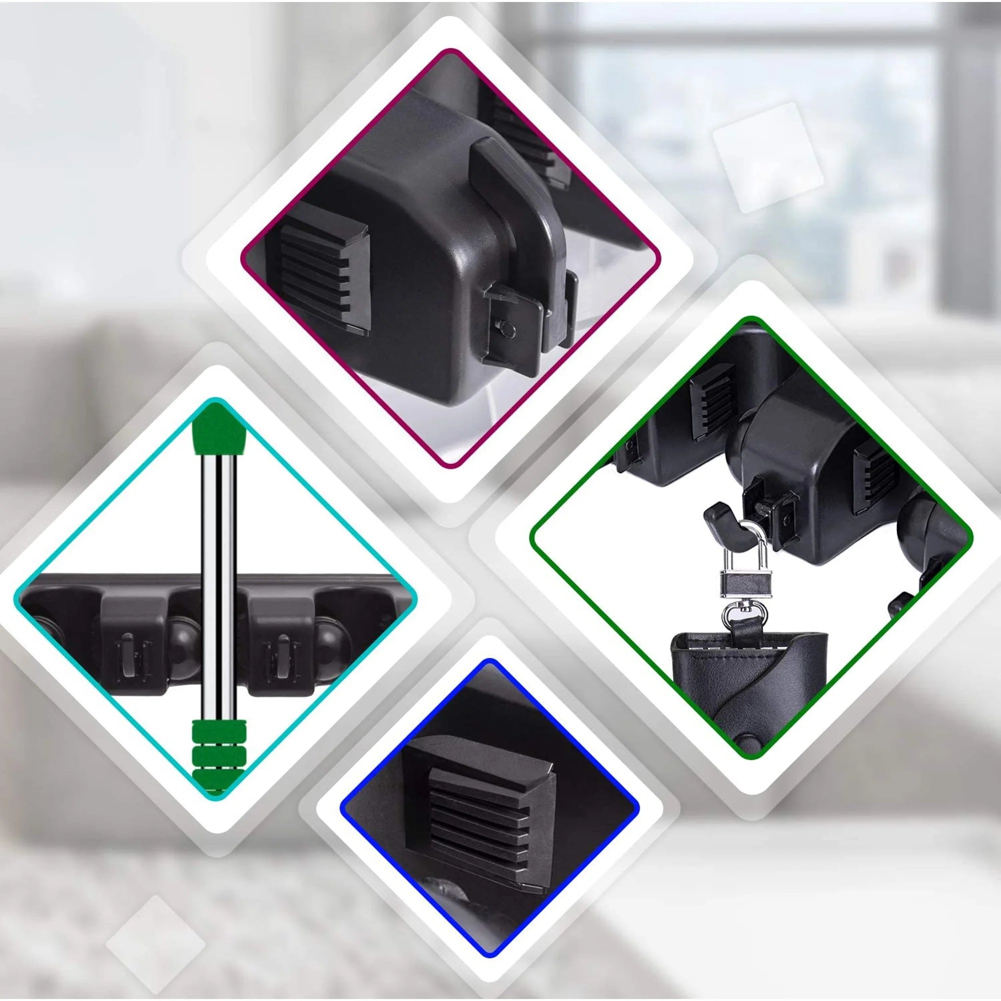 Wall Mount Broom Holder, 5-Position Plastic Organizer with Hooks, for Home and Garden Cleaning Tools