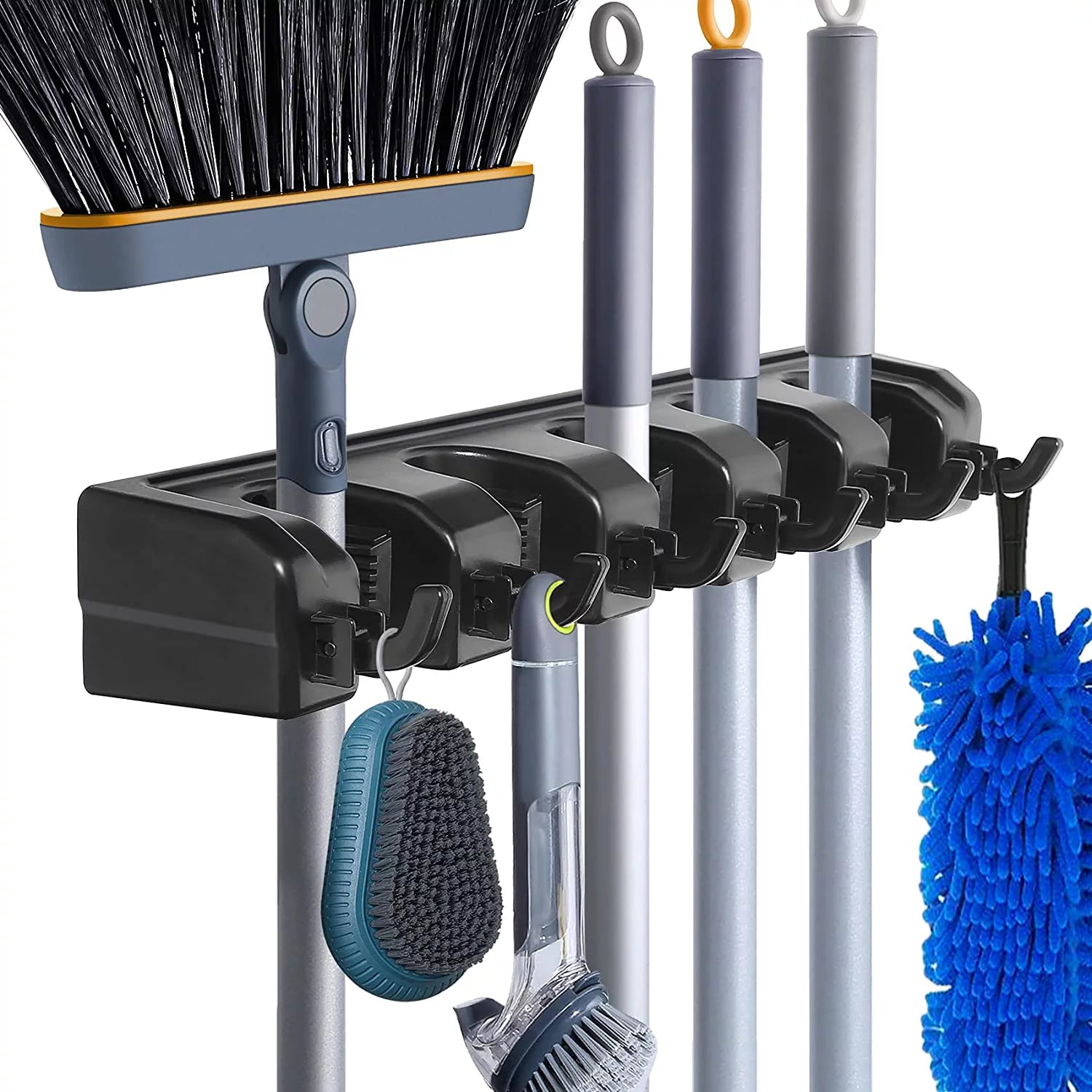 Wall Mount Broom Holder, 5-Position Plastic Organizer with Hooks, for Home and Garden Cleaning Tools
