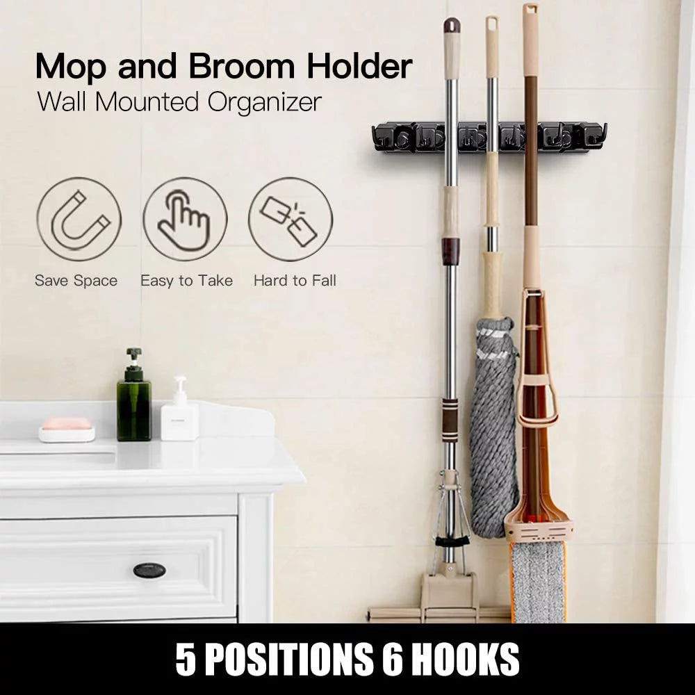 Wall Mount Broom Holder, 5-Position Plastic Organizer with Hooks, for Home and Garden Cleaning Tools