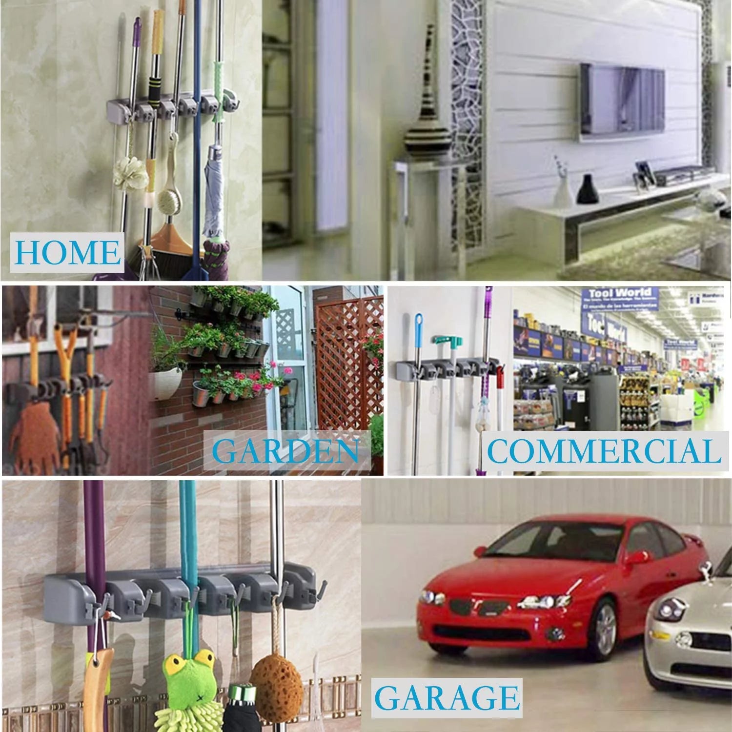 Wall Mount Broom Holder, 5-Position Plastic Organizer with Hooks, for Home and Garden Cleaning Tools