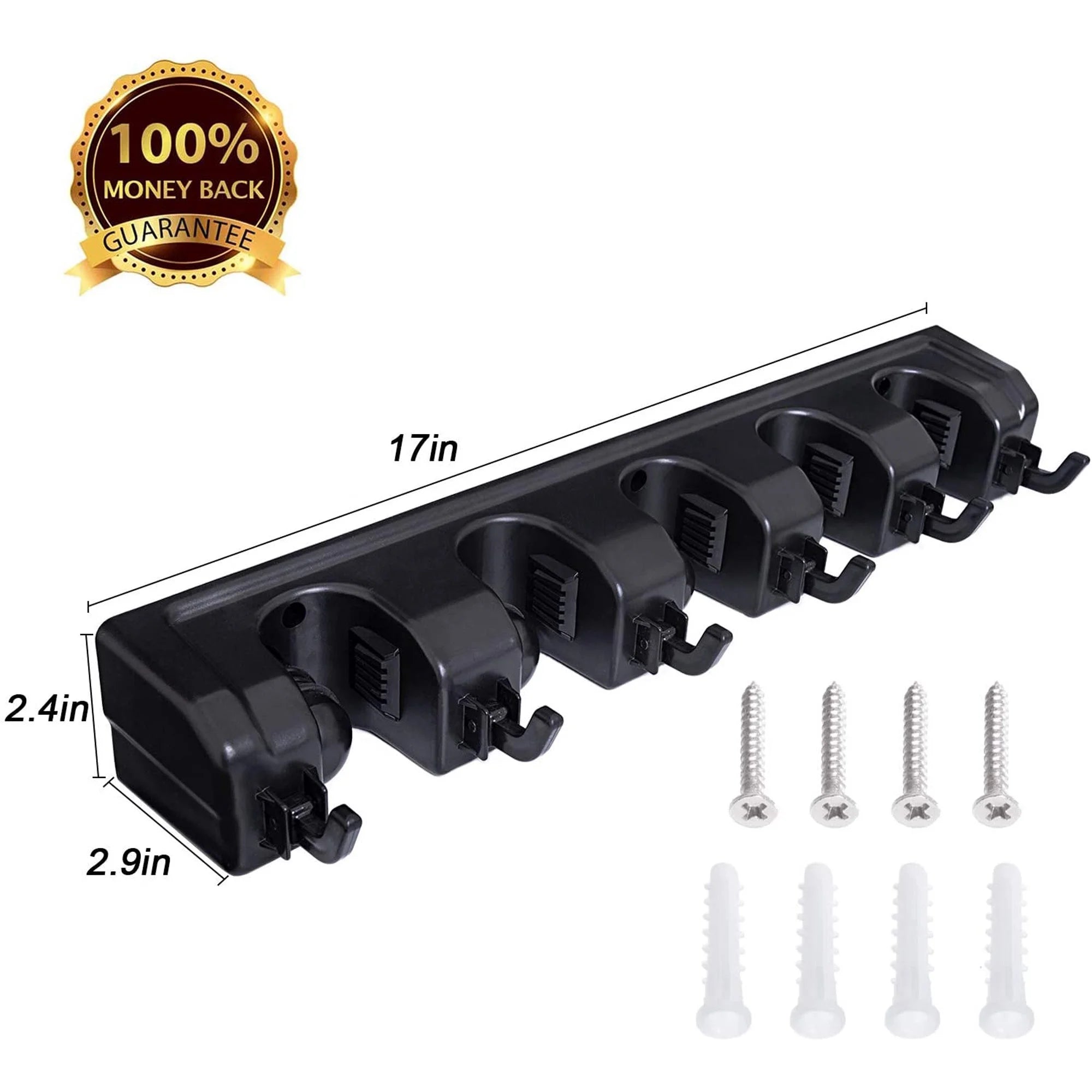 Wall Mount Broom Holder, 5-Position Plastic Organizer with Hooks, for Home and Garden Cleaning Tools