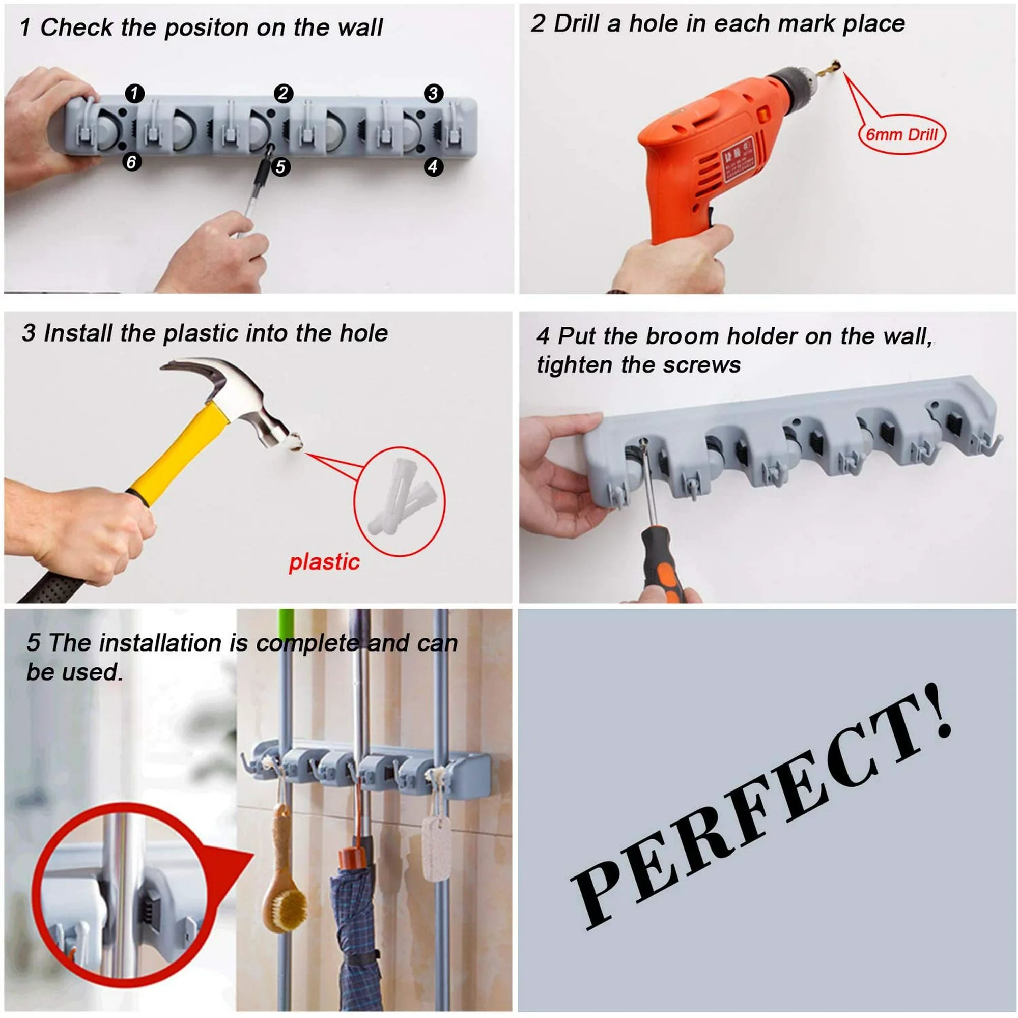 Wall Mount Broom Holder, 5-Position Plastic Organizer with Hooks, for Home and Garden Cleaning Tools