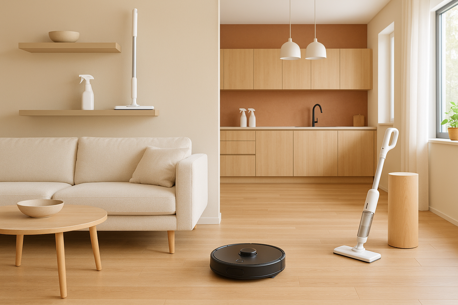 modern clean living room and open plan kitchen space, warm colours, minimalist, high tech cleaning products in key positions around the room